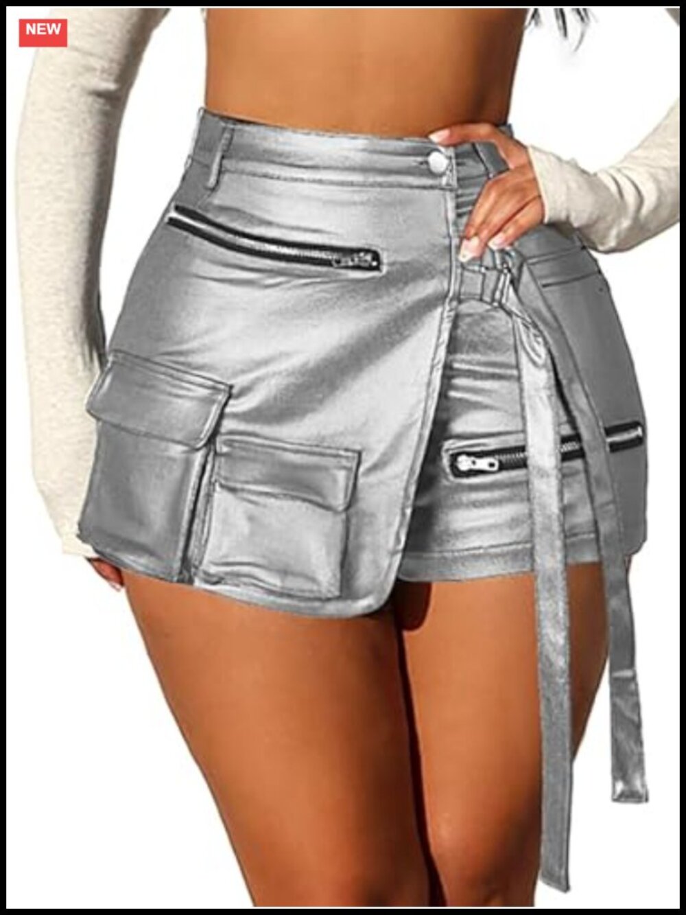 Faux Leather Cargo Skort High Waisted Mini Skirt Shorts Clubwear